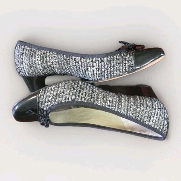 FS/NY French Sole Black Twill 1.5" Wedge Heel Shoe Sz 9 Patent Leather Cap Toe - Picture 3 of 7